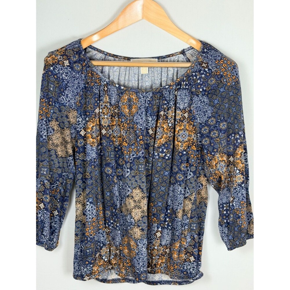 Michael Kors Boho Peasant Top Blue Orange Print 3/4 Sleeve Lightweight M